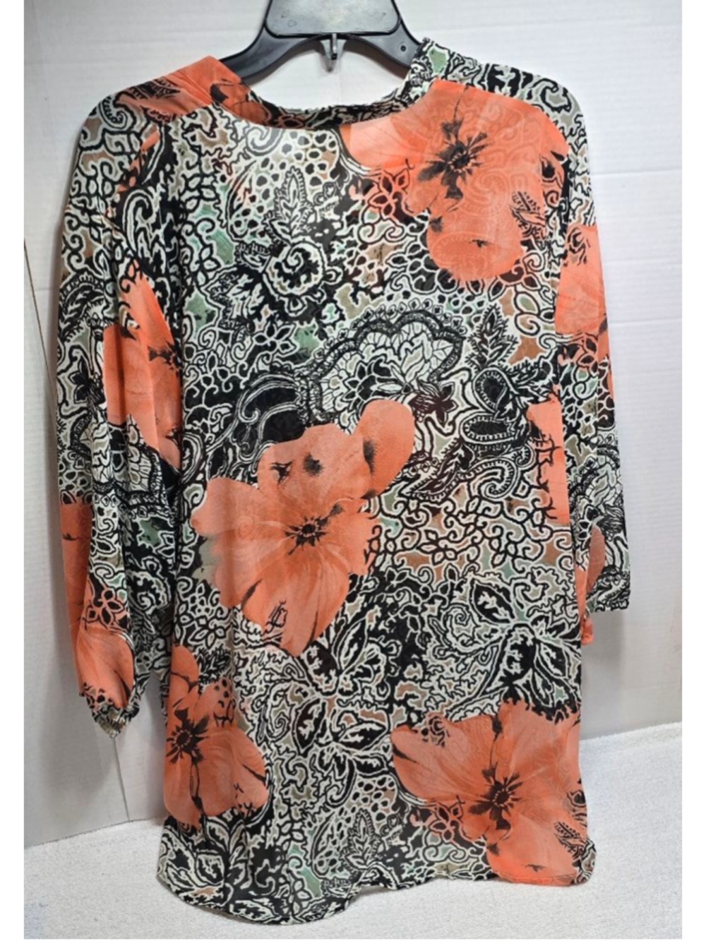 Women's BEDFORD FAIR Orange Black Floral Tunic Top 2X - Picture 4 of 5